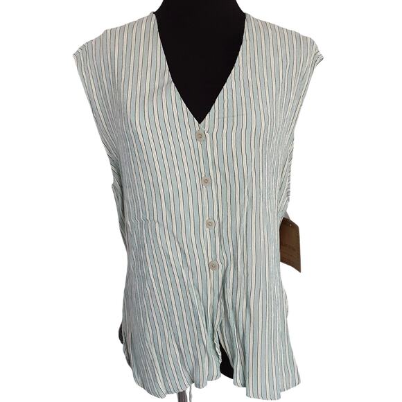 Vintage 90s Pinstripe Waist Coat Vest Tie Back Blue Button Front Sleeveless L - Picture 1 of 11